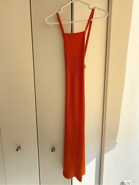 Zara Ribbed Knit Midi Dress – Size Small – Bright Orange